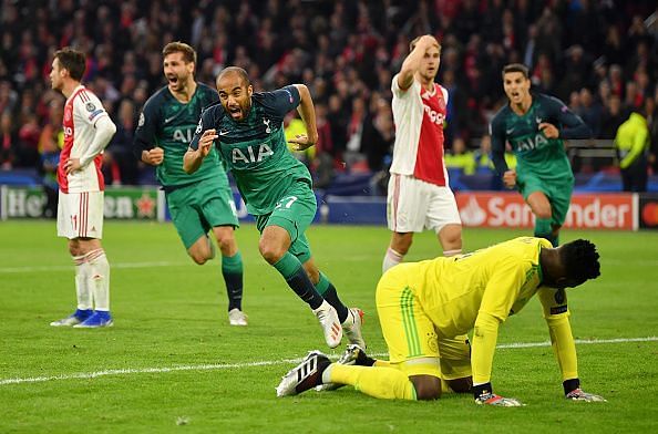 Moura wheels away to celebrate his hat-trick, sealing Spurs' passage into the Champions League Final